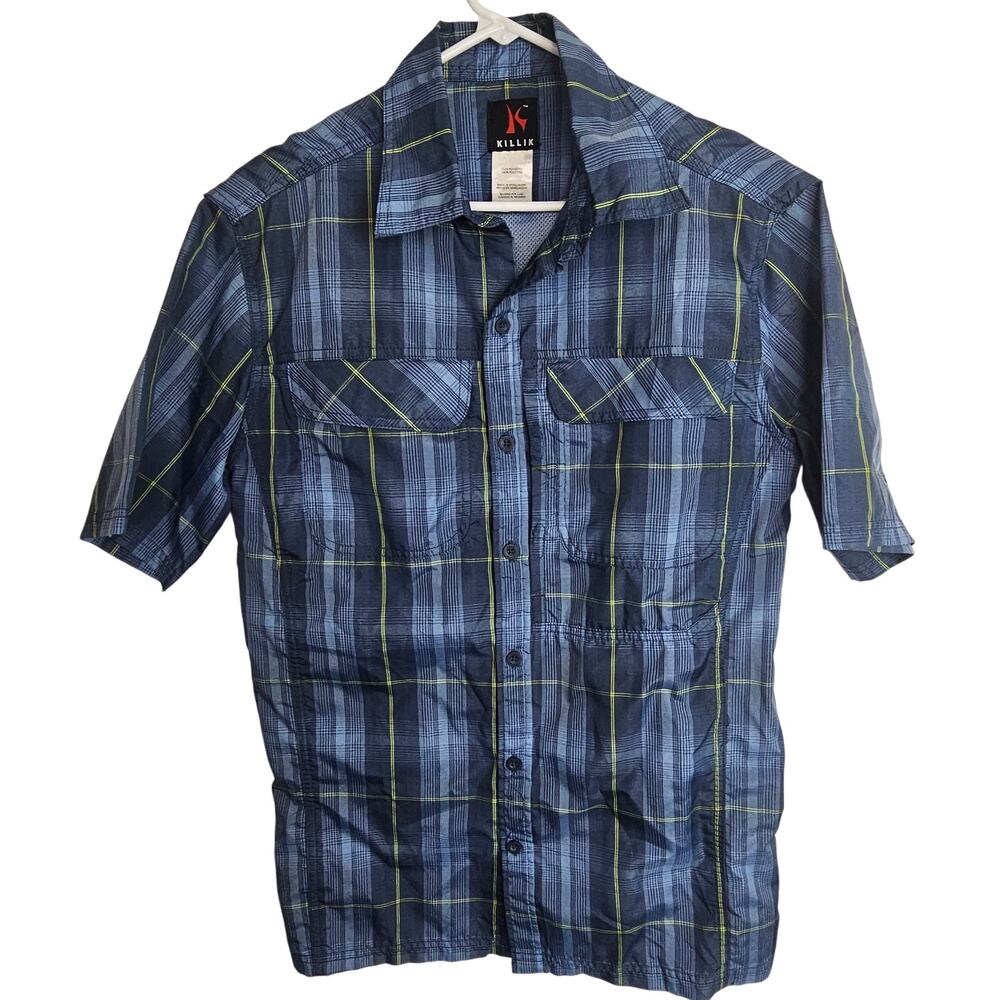 Killik Fishing Shirt Men M Blue Plaid Vented Outdoor Camping Adventure Hiking